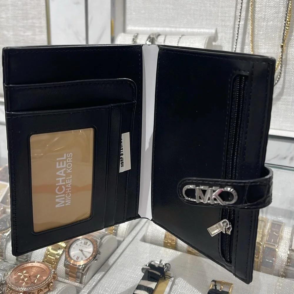 Michael Kors Empire Metallic Crocodile Embossed Leather Passport Wallet Black